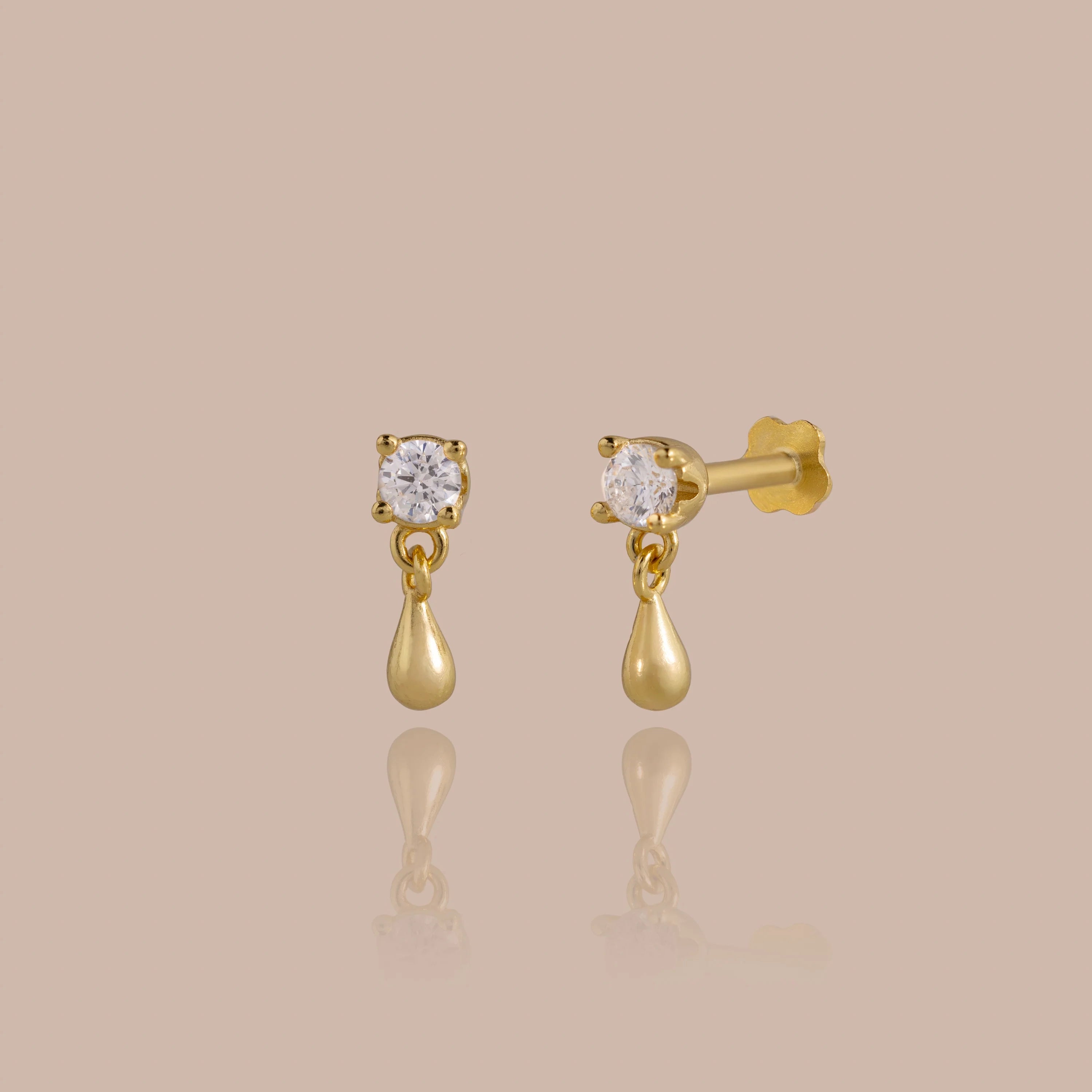 Diamond Droplet Studs Silver 18K Gold Plated