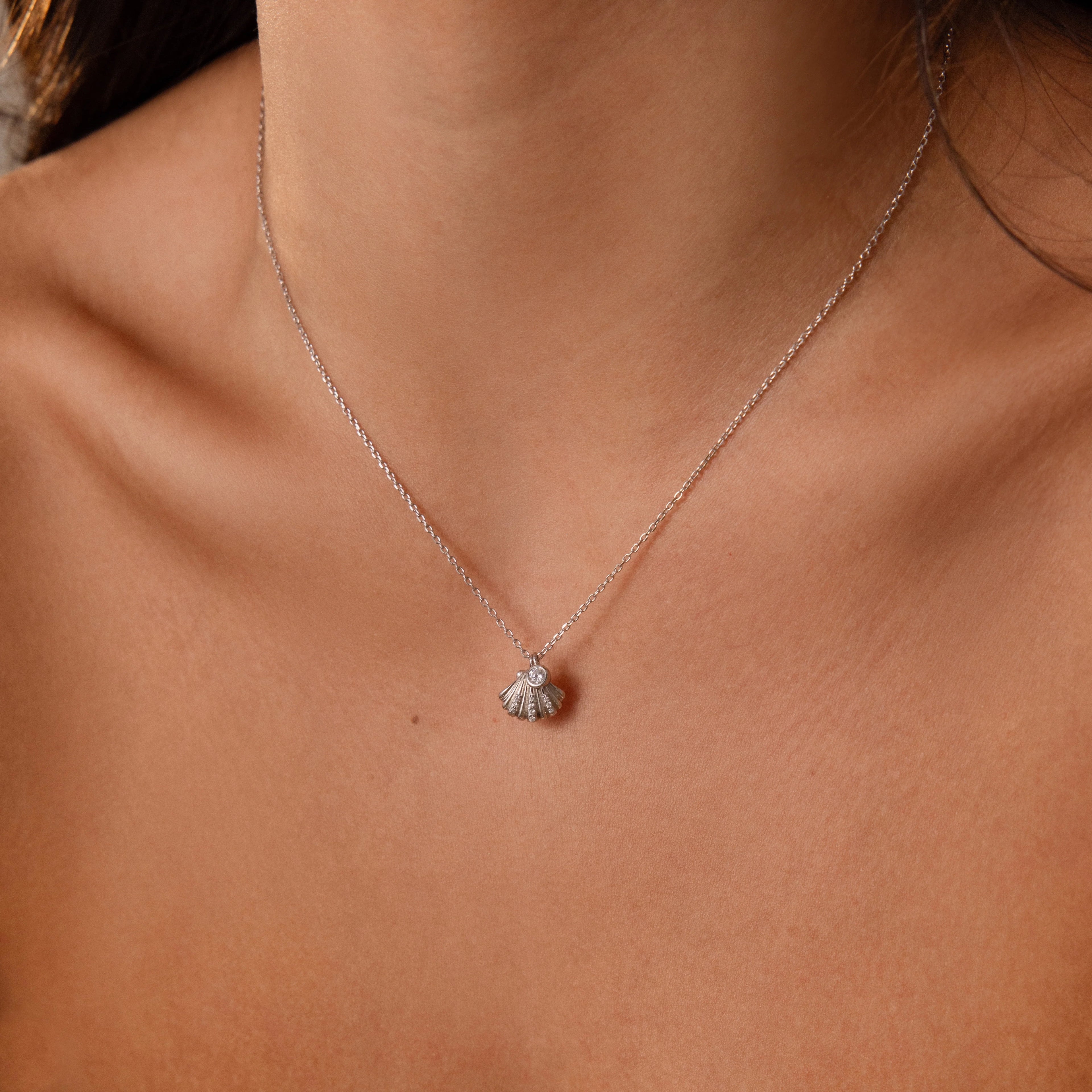 Diamond Seashell Charm Necklace Silver 18K Gold Plated