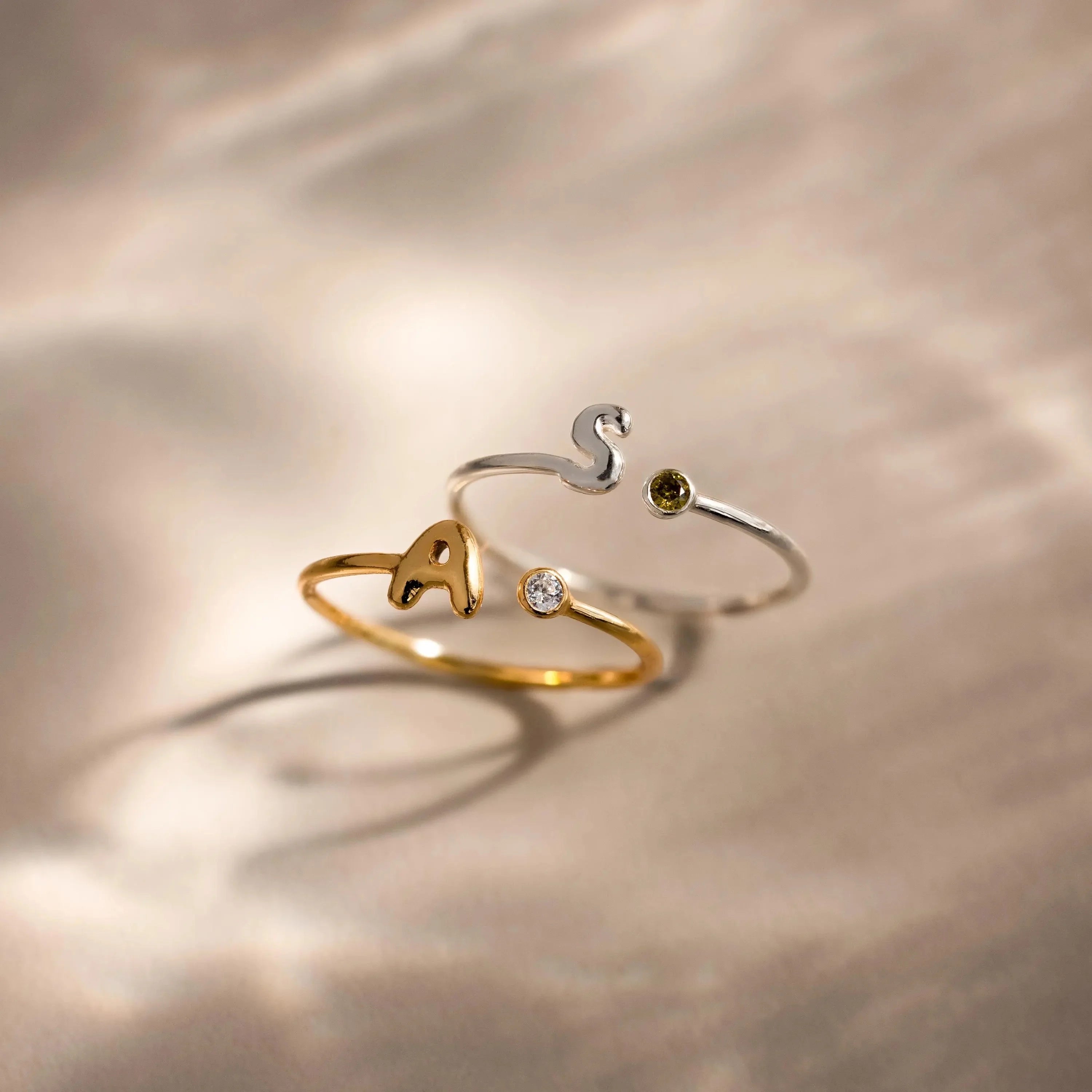 Bubble Initial Birthstone Ring Silver 18K Gold Plated