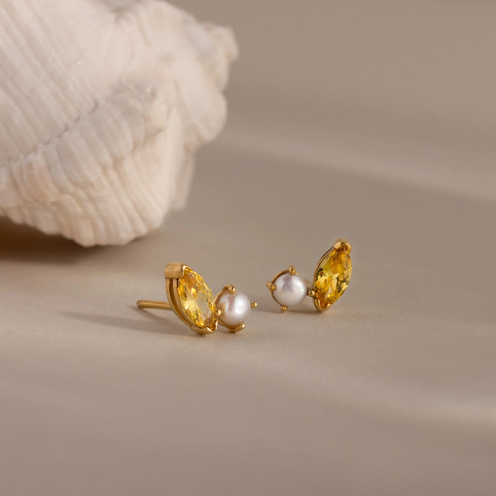 Marquise Topaz & Pearl Studs  Silver 18K Gold Plated