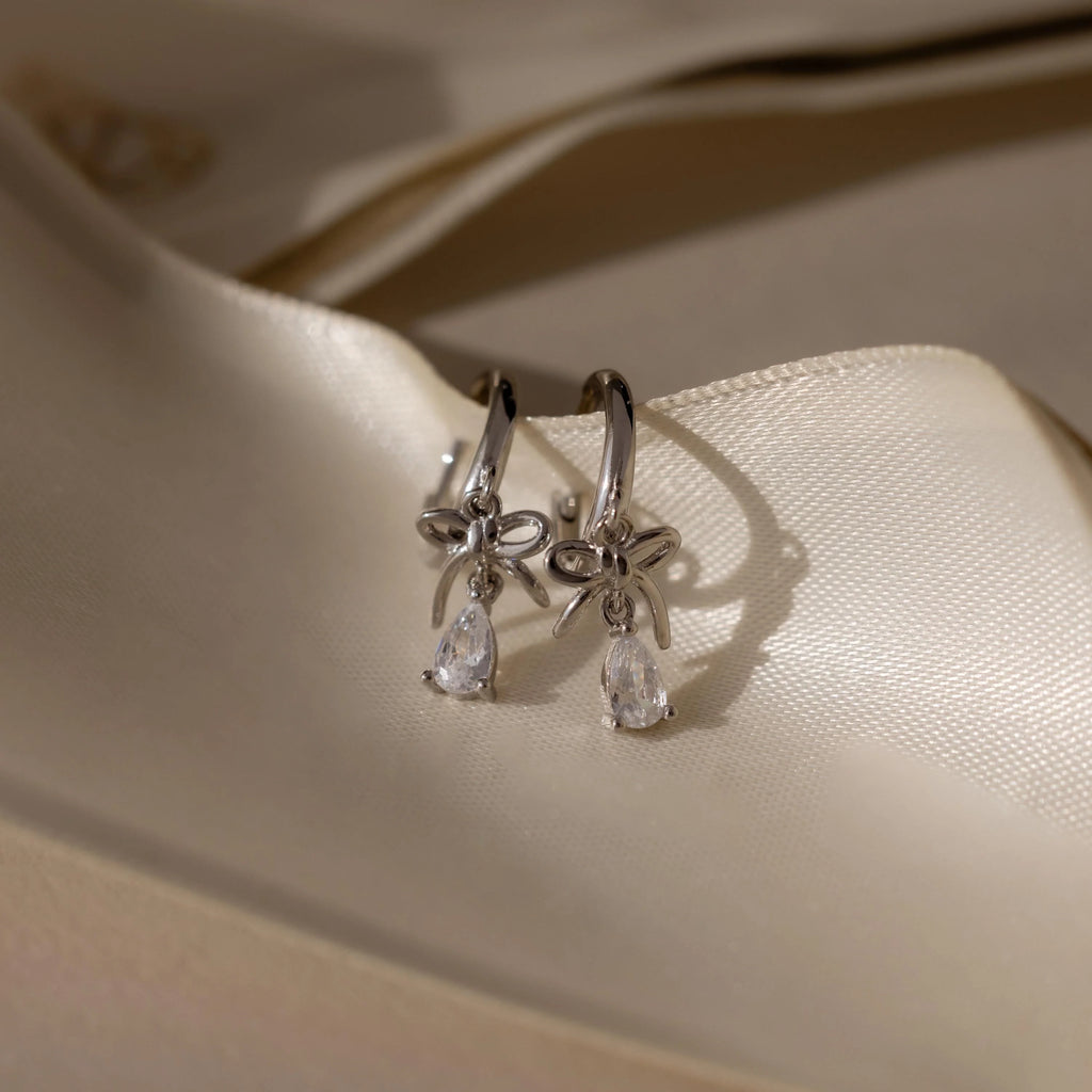 Diamond Teardrop Ribbon Charm Hoops Silver 18K Gold Plated