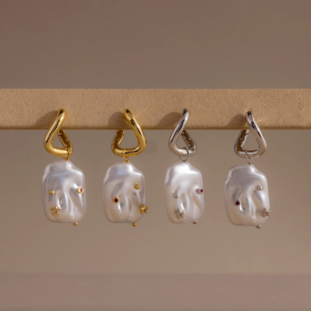 Celestial Baroque Pearl Charm Hoops Silver 18K Gold Plated