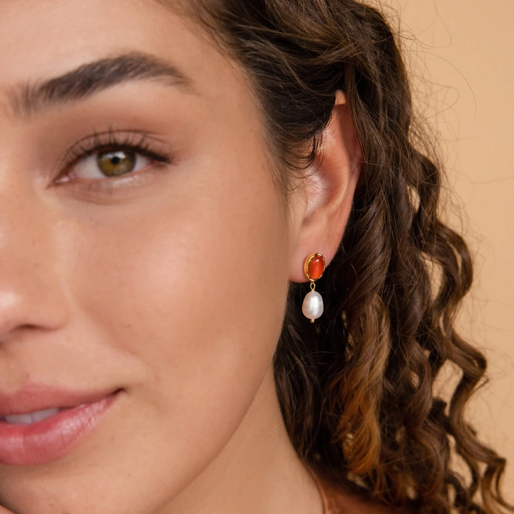 Carnelian Pearl Earrings Silver 18K Gold Plated