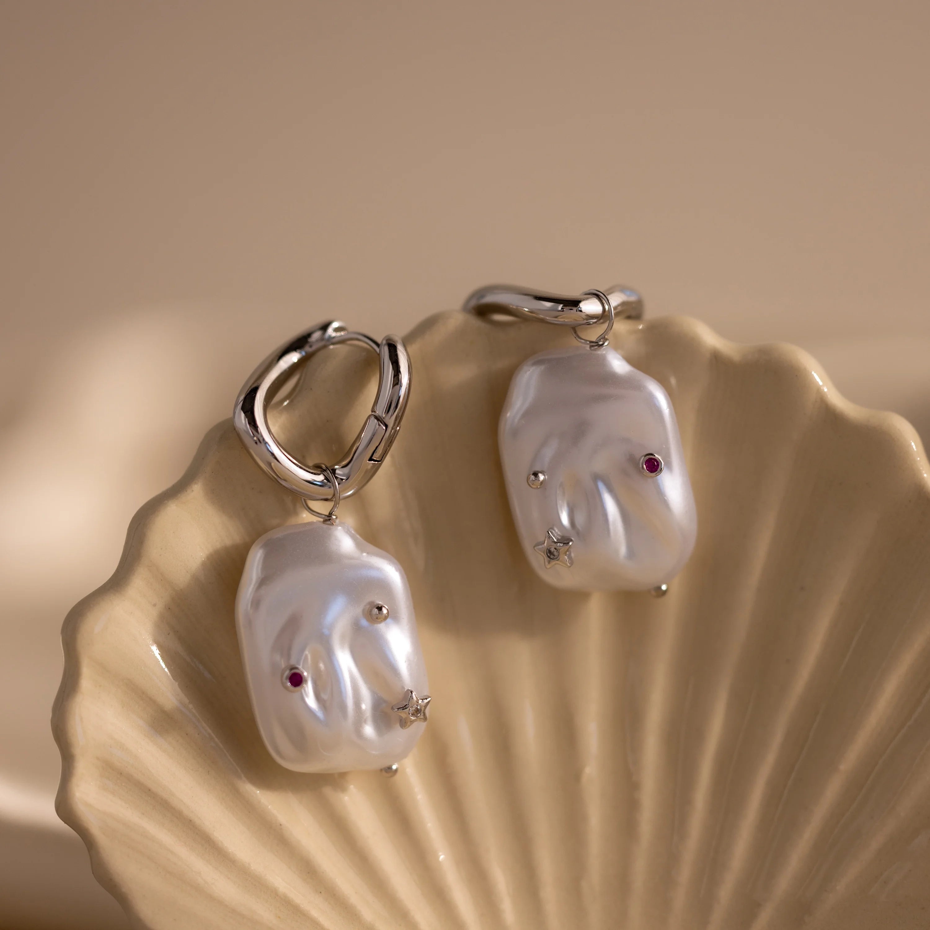 Celestial Baroque Pearl Charm Hoops Silver 18K Gold Plated