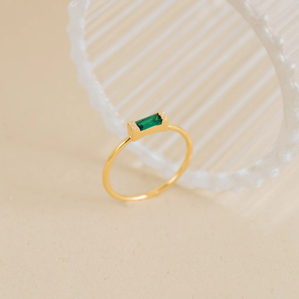 Baguette Cut Emerald Ring Silver 18K Gold Plated