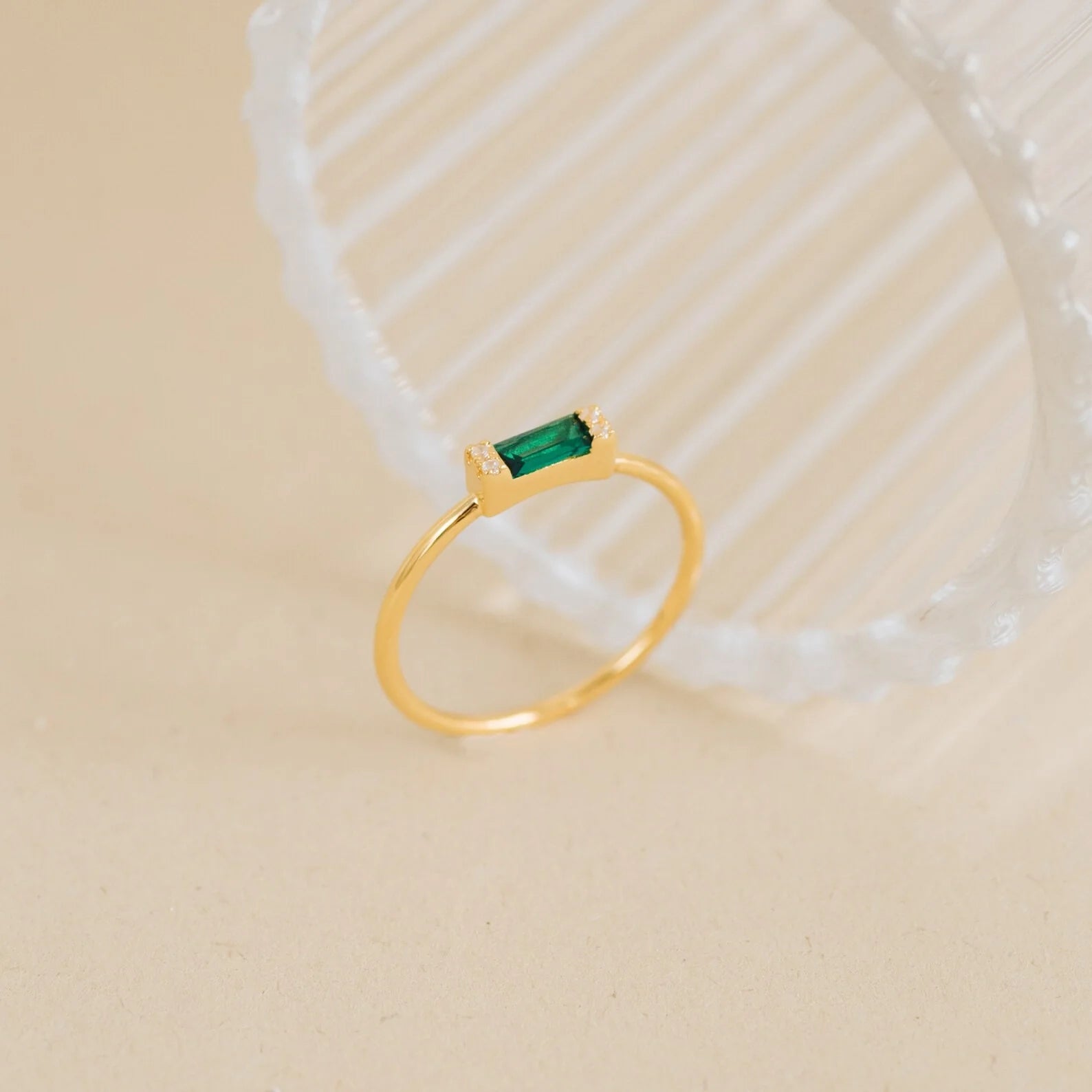 Baguette Cut Emerald Ring Silver 18K Gold Plated