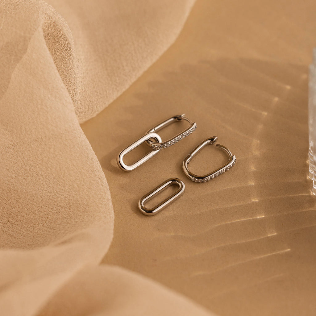 Pave Link Drop Earrings Silver 18K Gold Plated