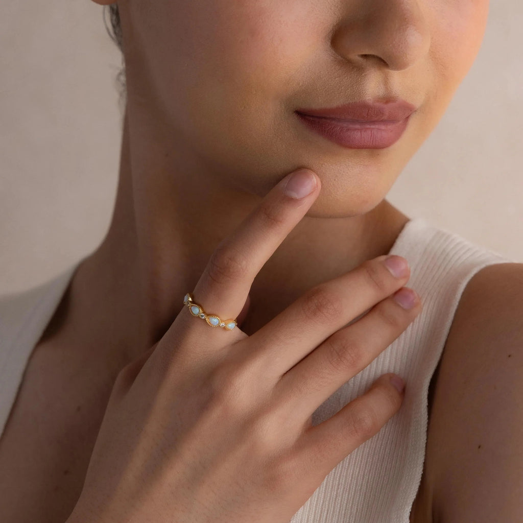 Opal Diamond Teardrop Ring Silver 18K Gold Plated
