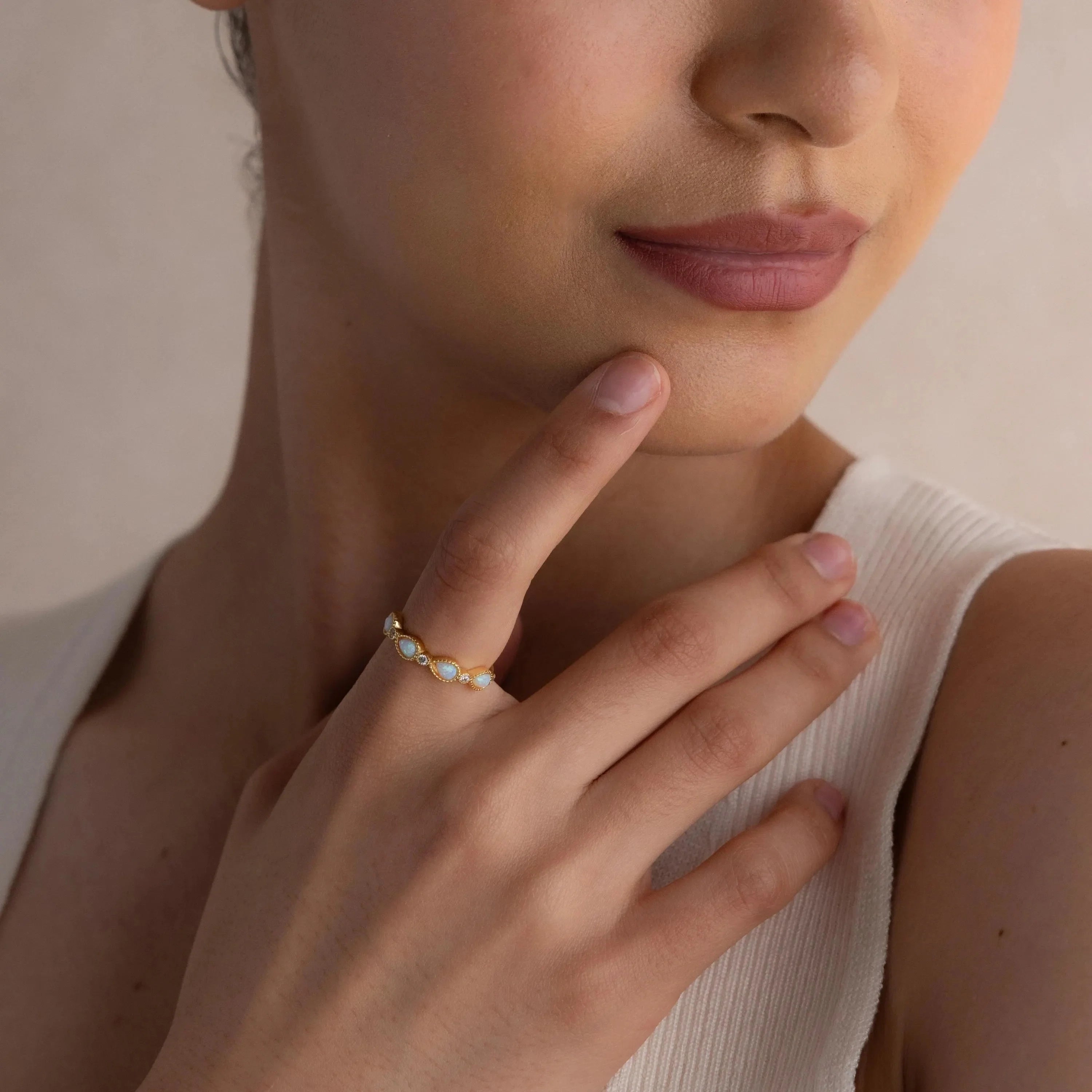 Opal Diamond Teardrop Ring Silver 18K Gold Plated