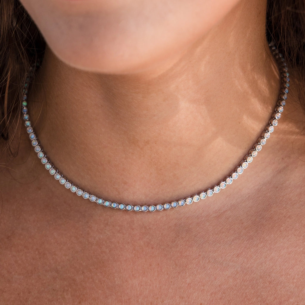 Opal Bezel Tennis Necklace Silver 18K Gold Plated