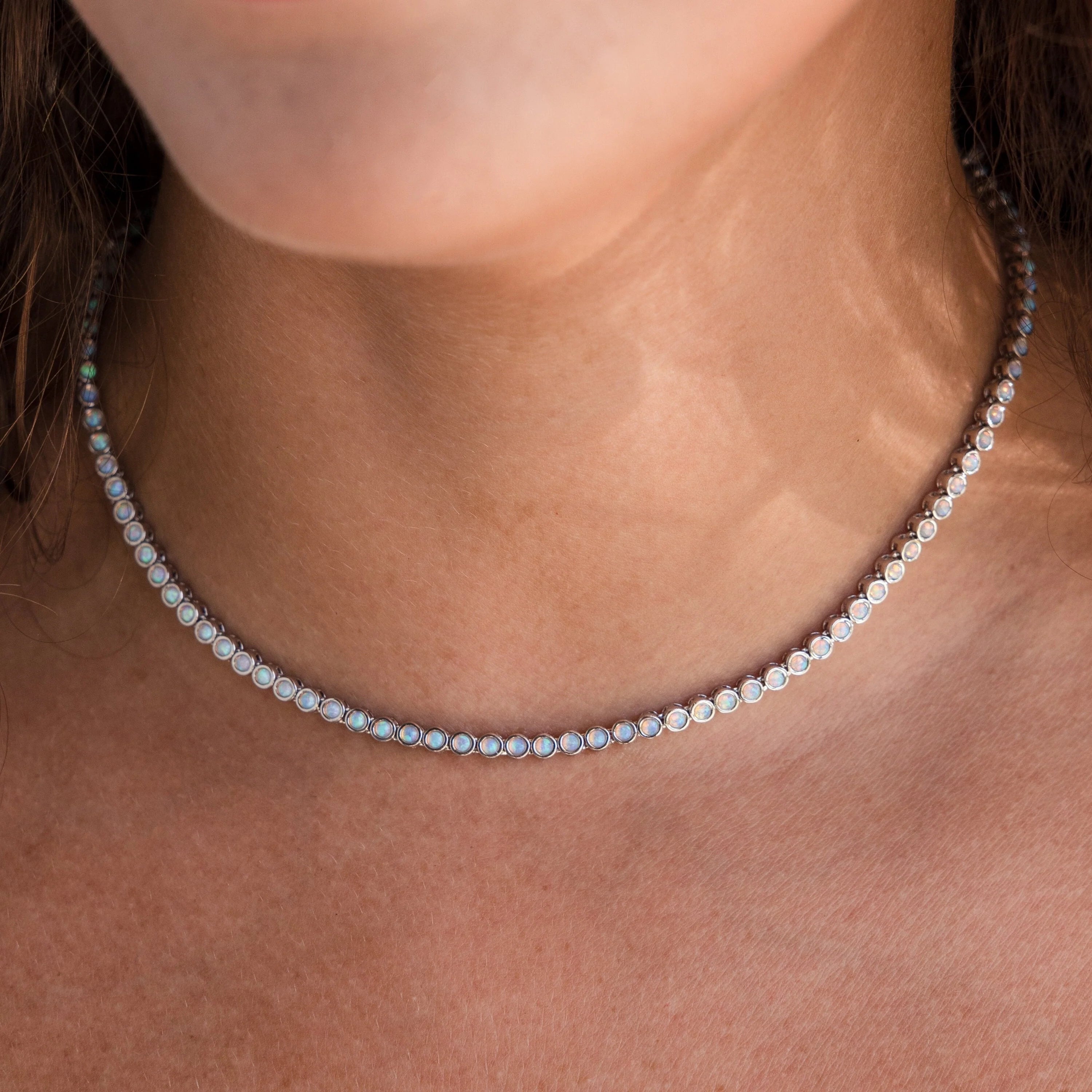 Opal Bezel Tennis Necklace Silver 18K Gold Plated