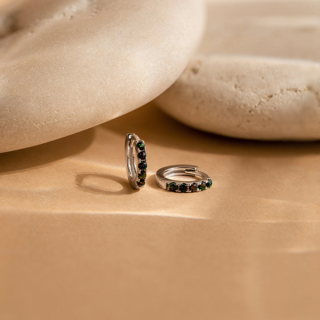 Black Sand Opal Huggie Hoop Earrings