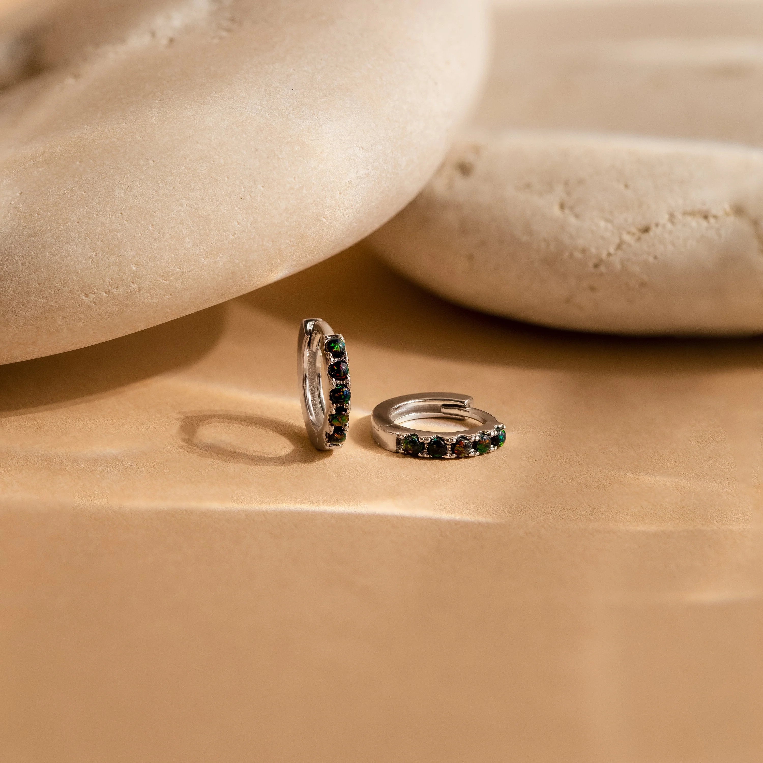 Black Sand Opal Huggie Hoop Earrings