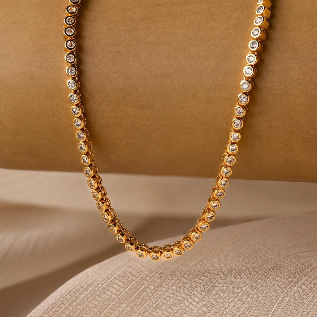 Diamond Bezel Tennis Necklace & Bracelet Set Silver 18K Gold Plated