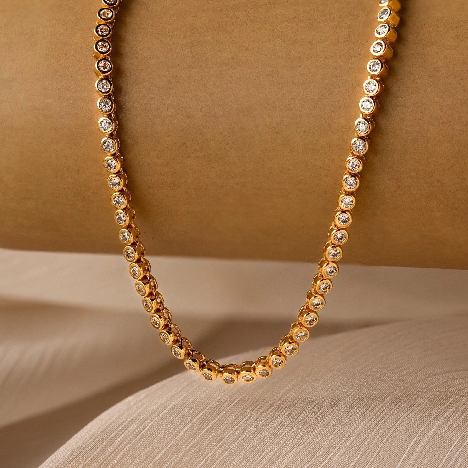 Diamond Bezel Tennis Necklace & Bracelet Set Silver 18K Gold Plated