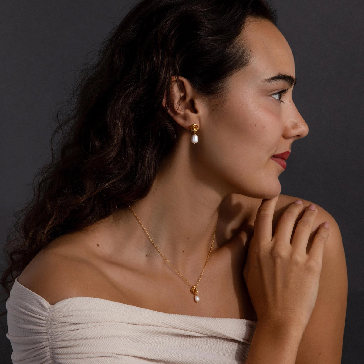 Freshwater Pearl Knot Necklace & Earrings Set Silver 18K Gold Plated