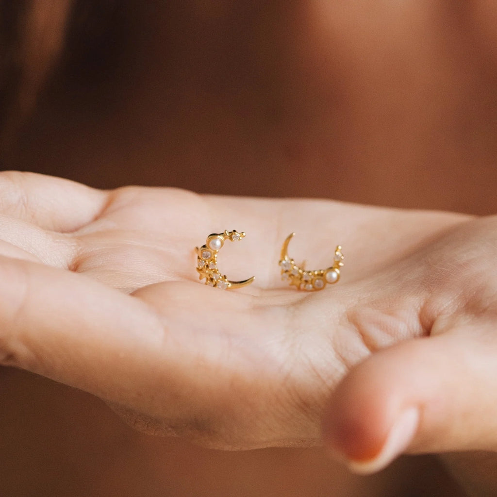 Crescent Moon & Star Stud Silver 18K Gold Plated