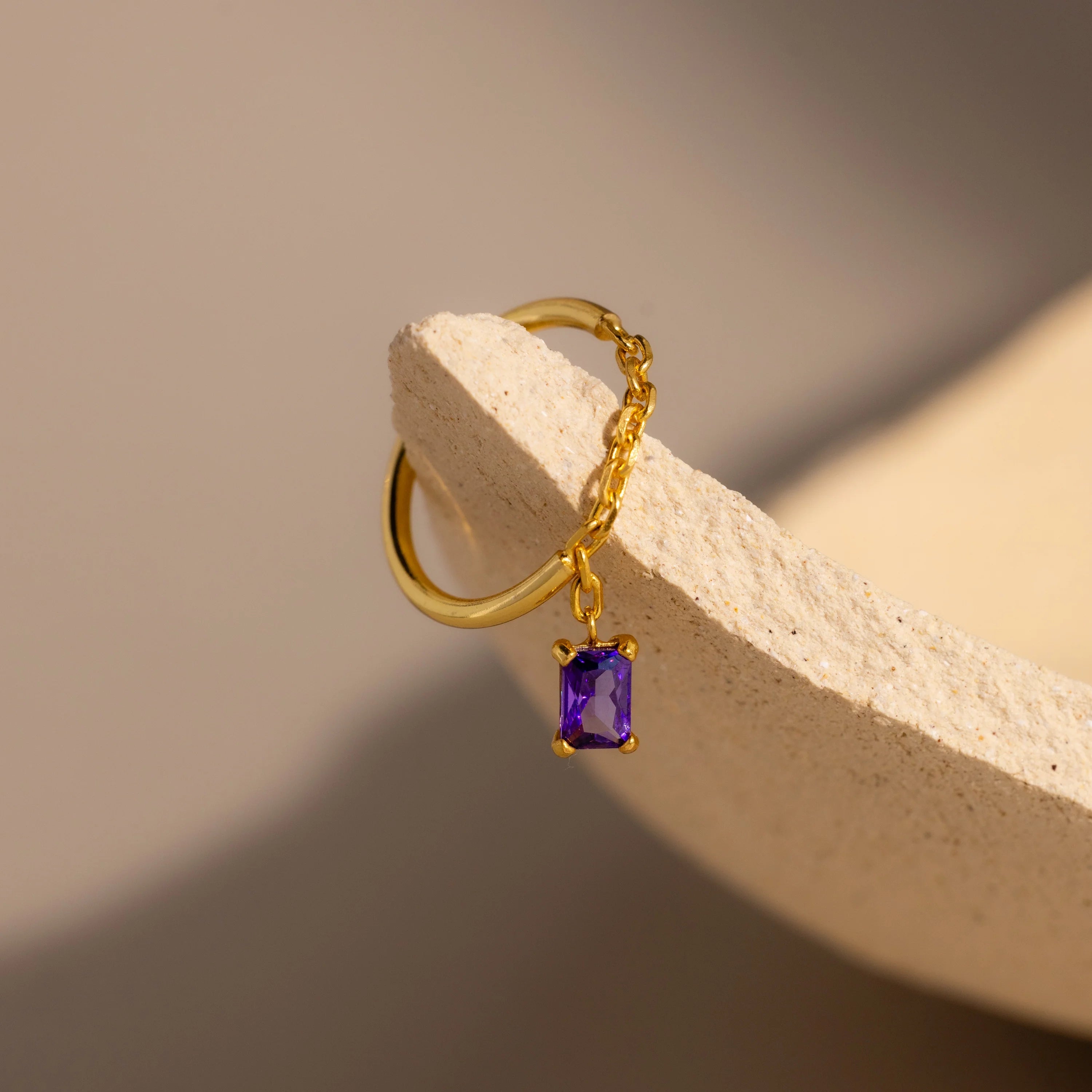 Amethyst Drop Chain Ring Silver 18K Gold Plated