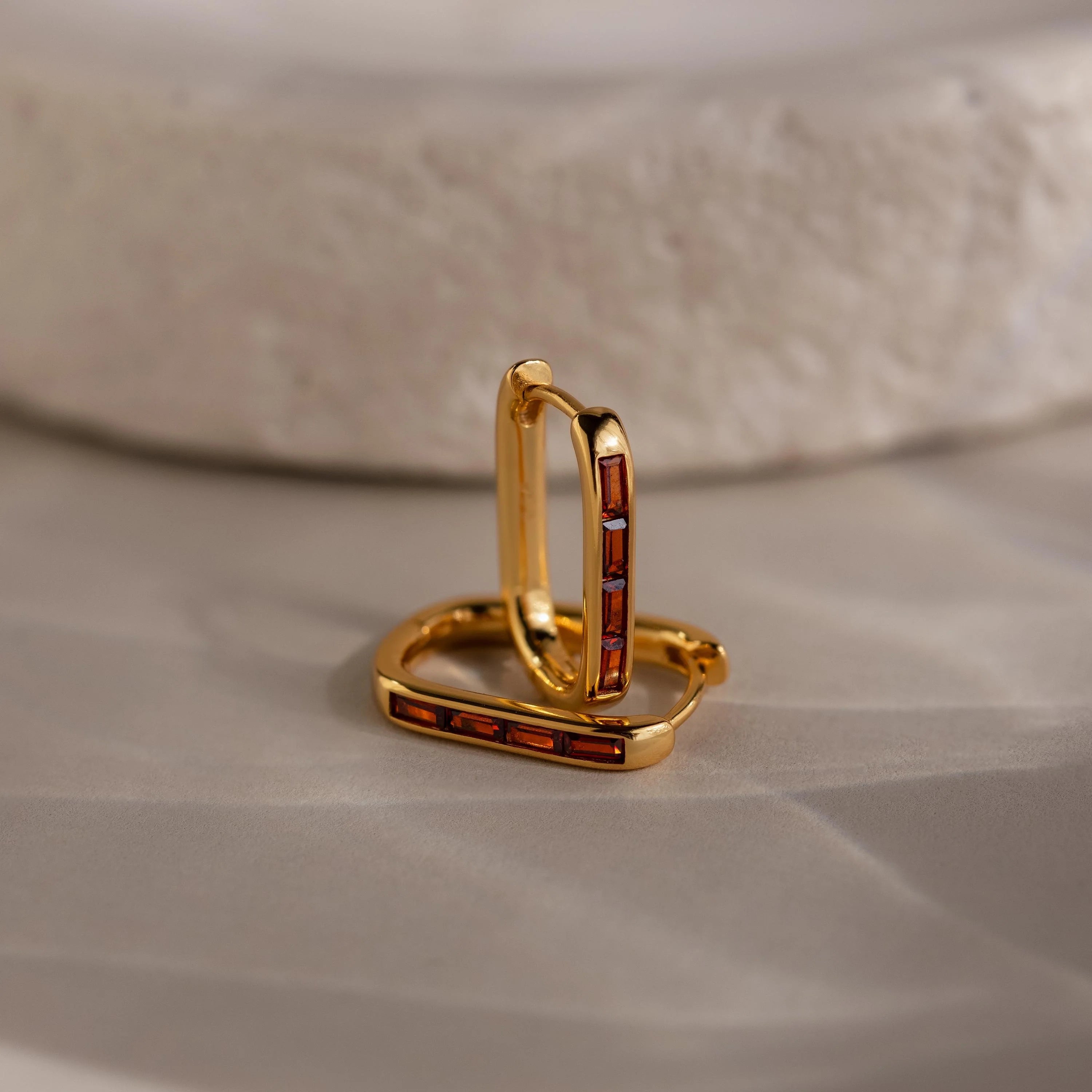 Baguette Birthstone Link Earrings Silver 18K Gold Plated