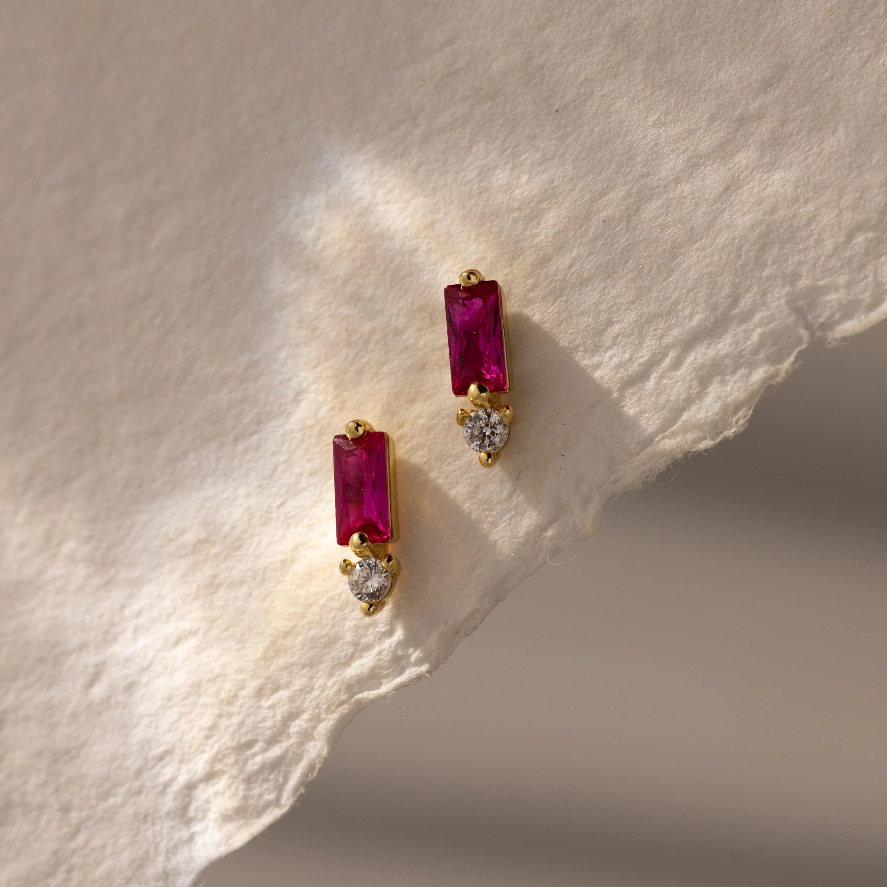 Baguette Cut Ruby Drop Studs Silver 18K Gold Plated
