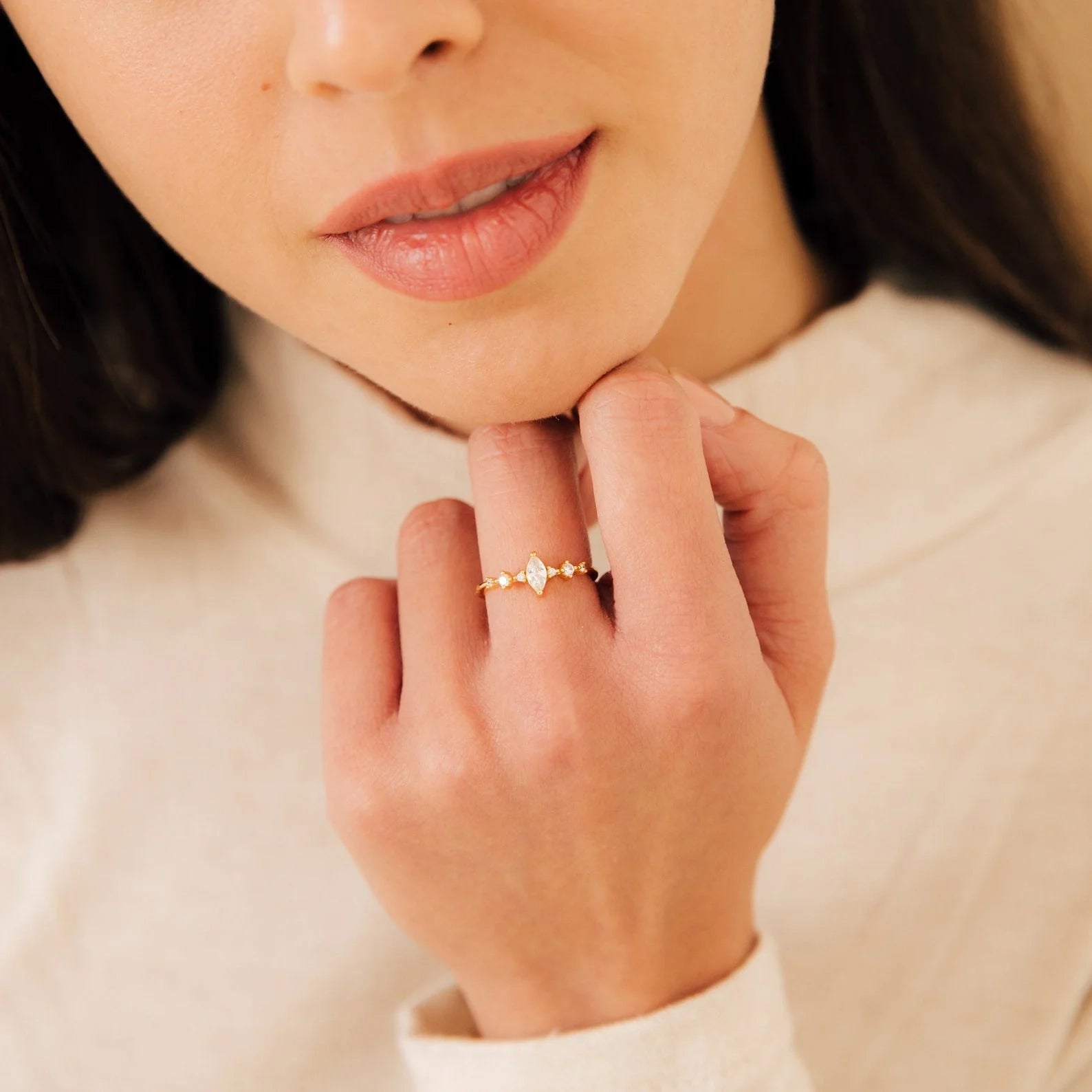 Marquise & Round Diamond Ring Silver 18K Gold Plated