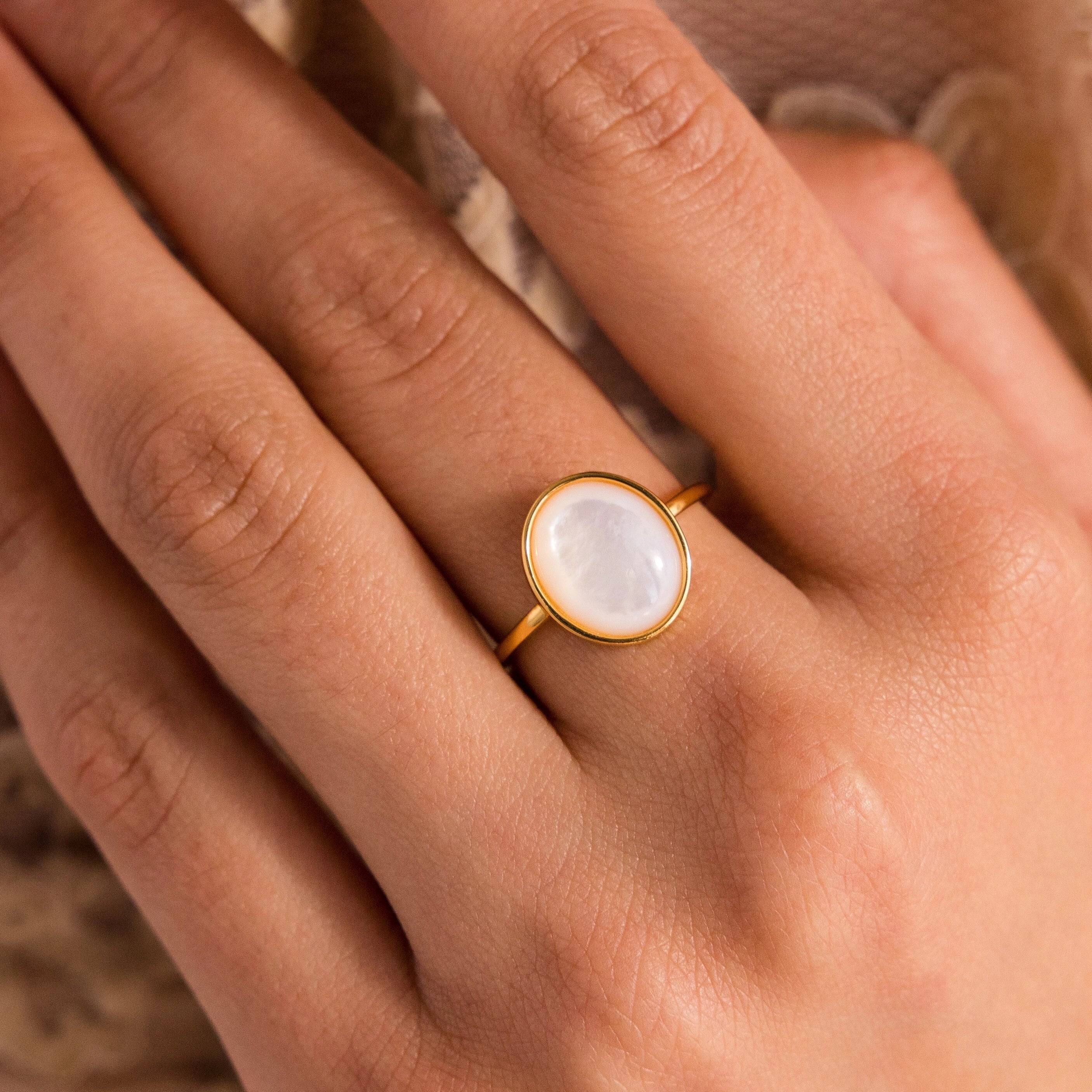 Mother of Pearl Signet Ring Silver 18K Gold Plated