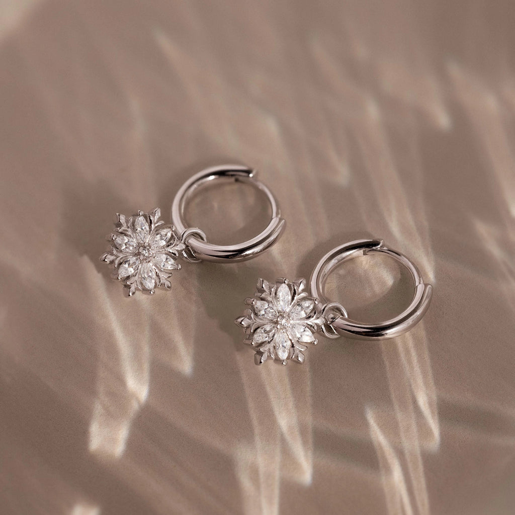 Diamond Poinsettia Charm Hoops Silver 18K Gold Plated