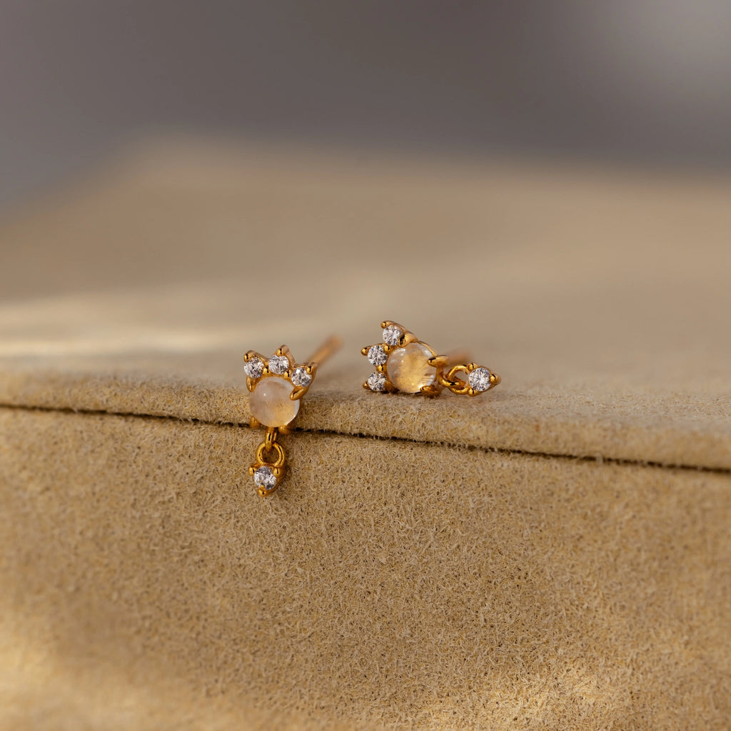 Halo Moonstone Drop Studs Silver 18K Gold Plated
