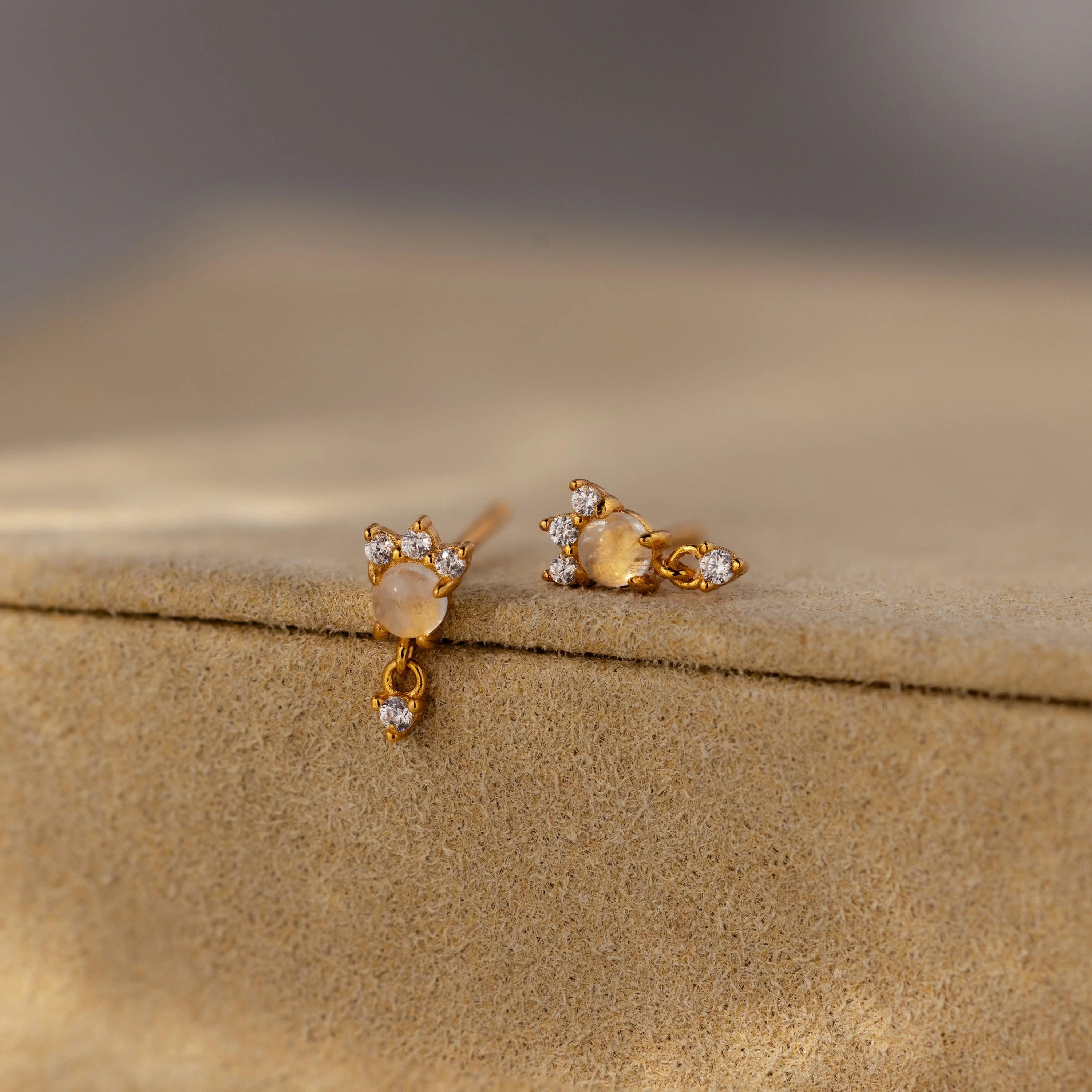 Halo Moonstone Drop Studs Silver 18K Gold Plated