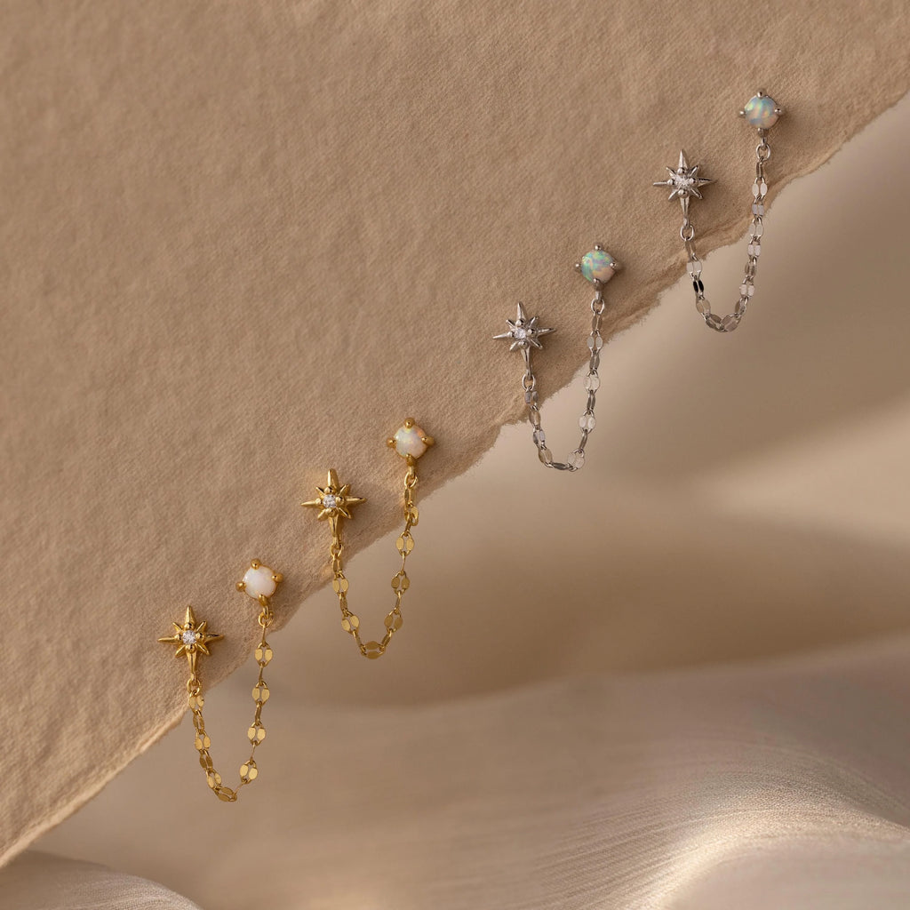 Opal & Star Duo Chain Studs  Silver 18K Gold Plated