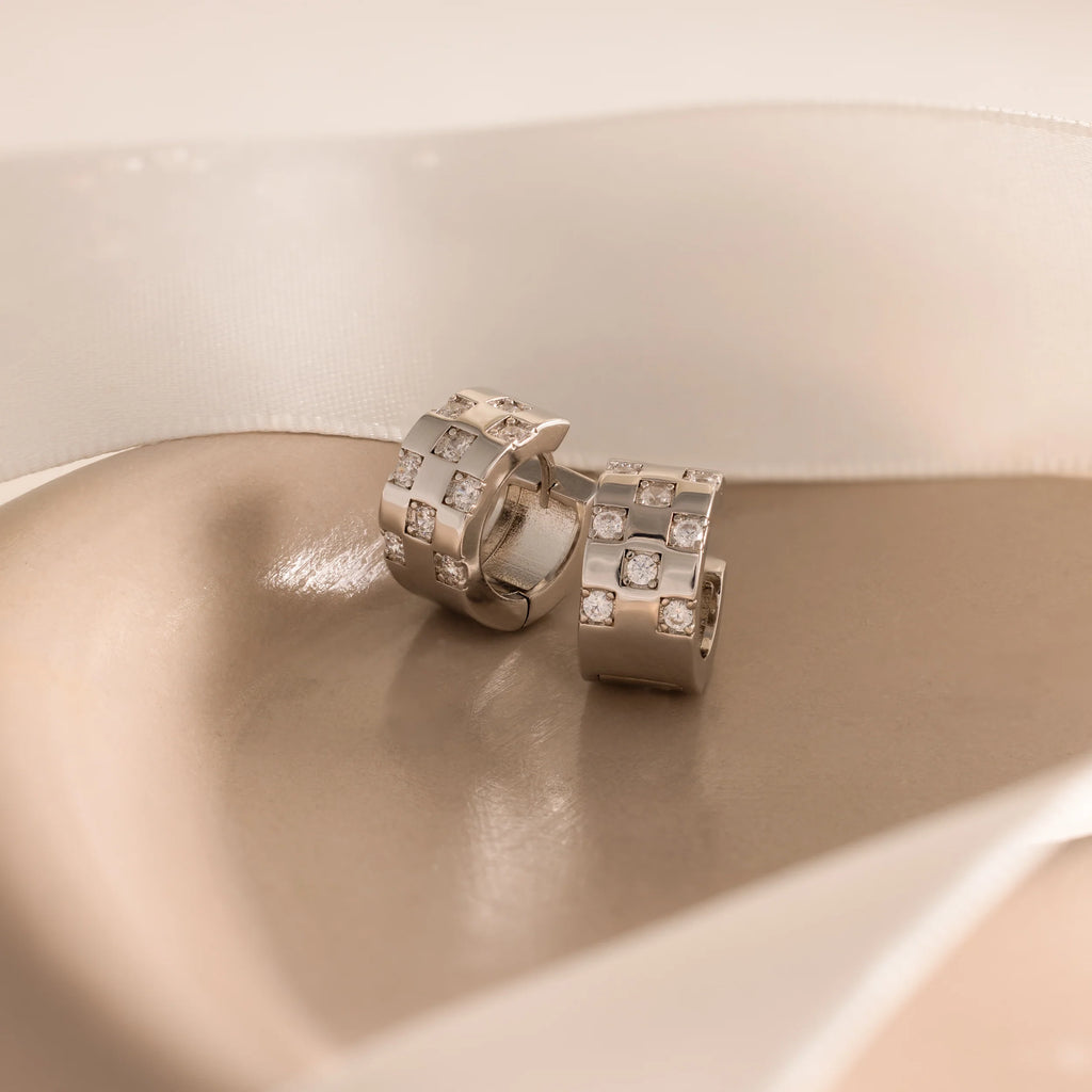 Pave Checkered Huggies Silver 18K Gold Plated