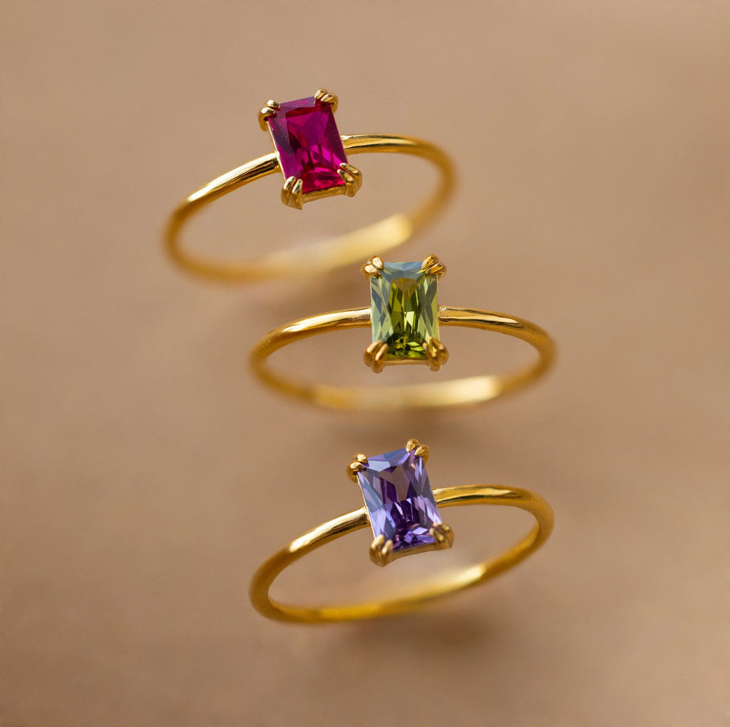 Emerald Cut Birthstone Ring Silver 18K Gold Plated