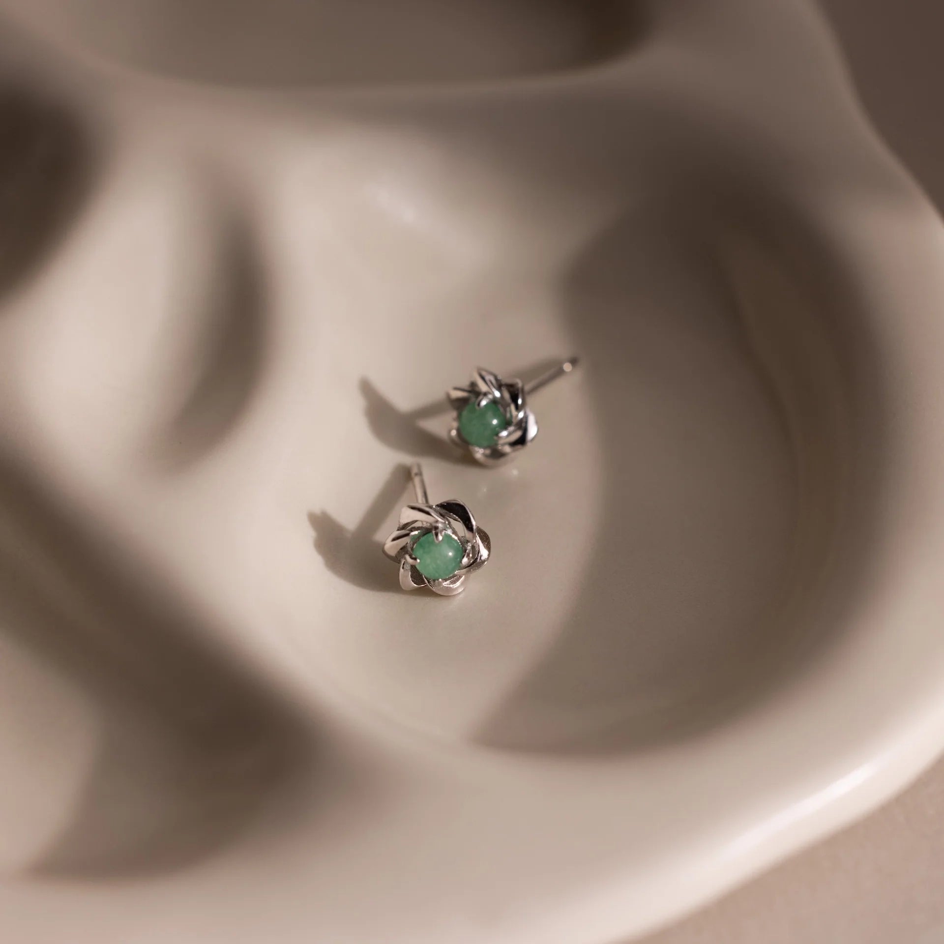 Mini Jade Flower Studs Silver 18K Gold Plated