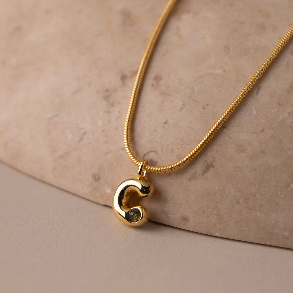 Gemstone Bubble Initial Necklace Silver 18K Gold Plated