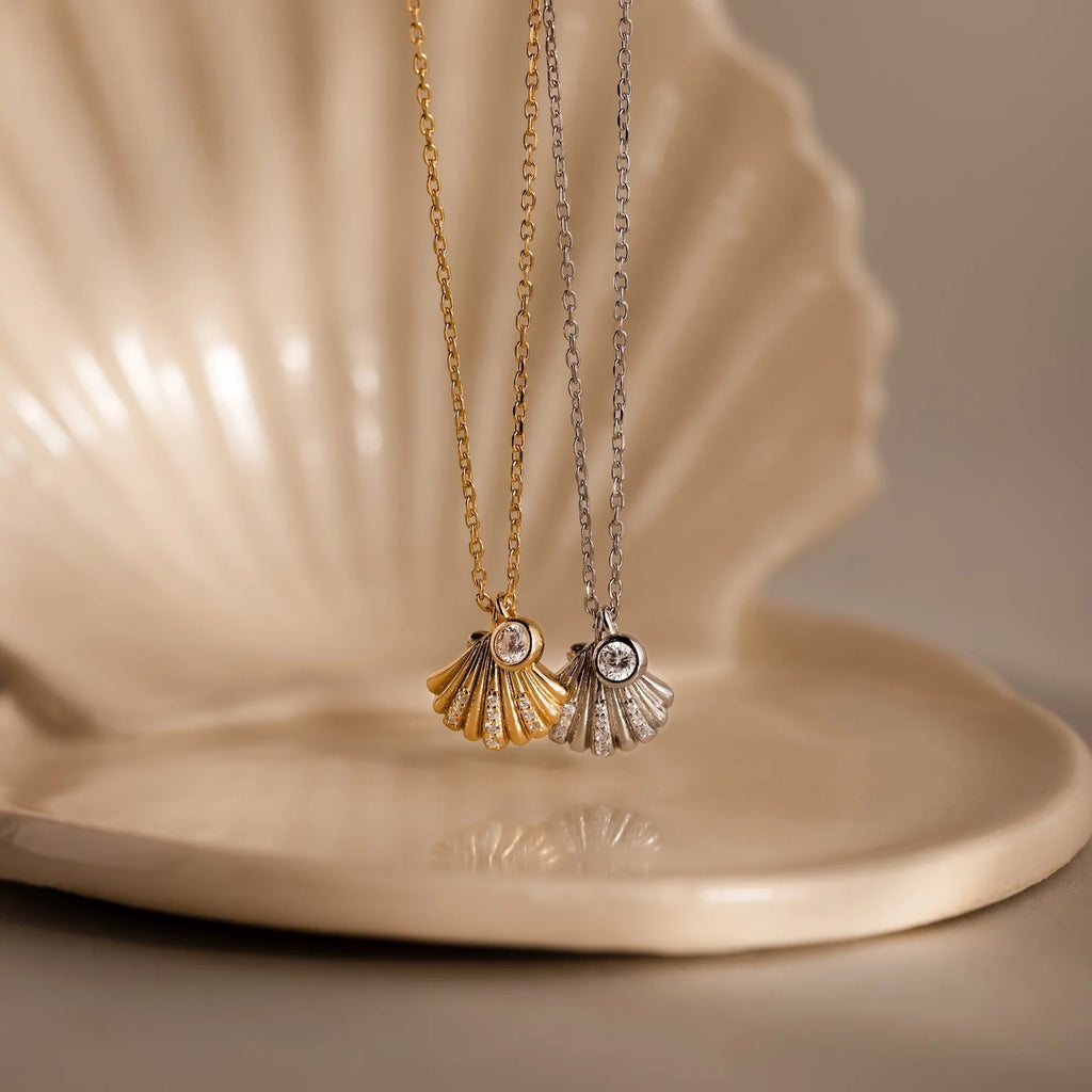 Diamond Seashell Charm Necklace Silver 18K Gold Plated