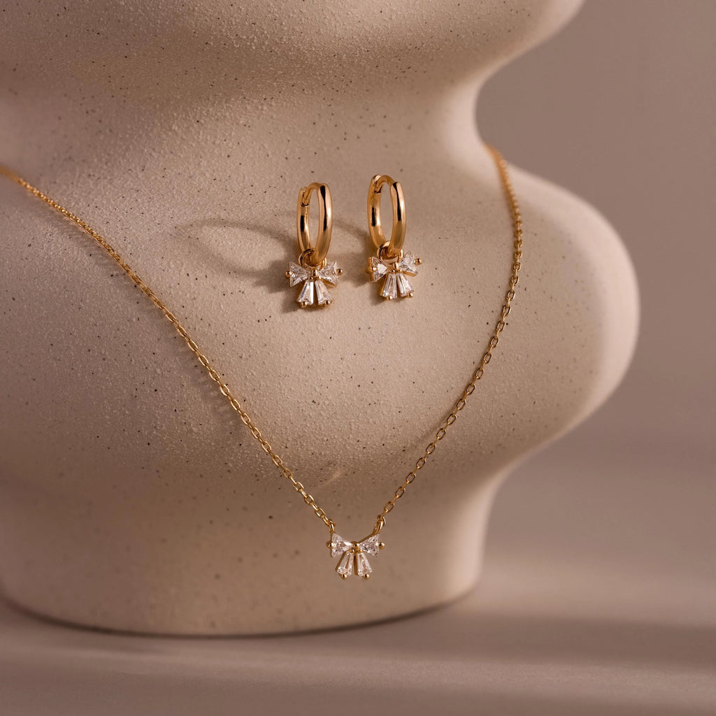 Diamond Bow Necklace & Earrings Set Silver 18K Gold Plated
