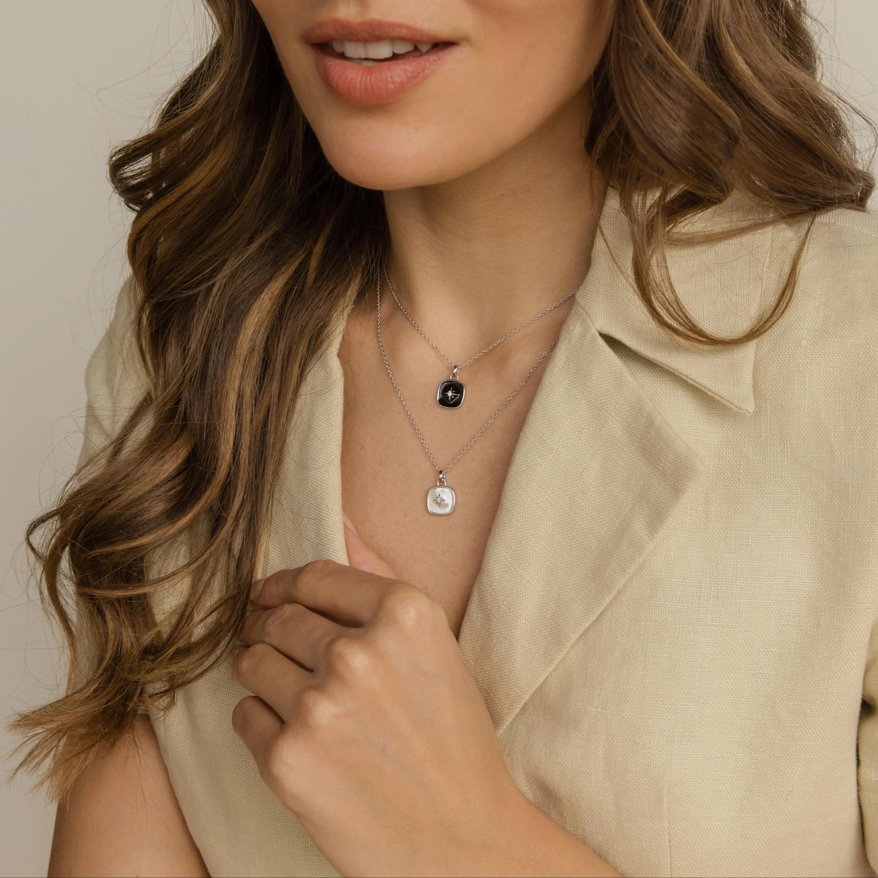 Hermoine Black Enamel Pendant Necklace Silver 18K Gold Plated