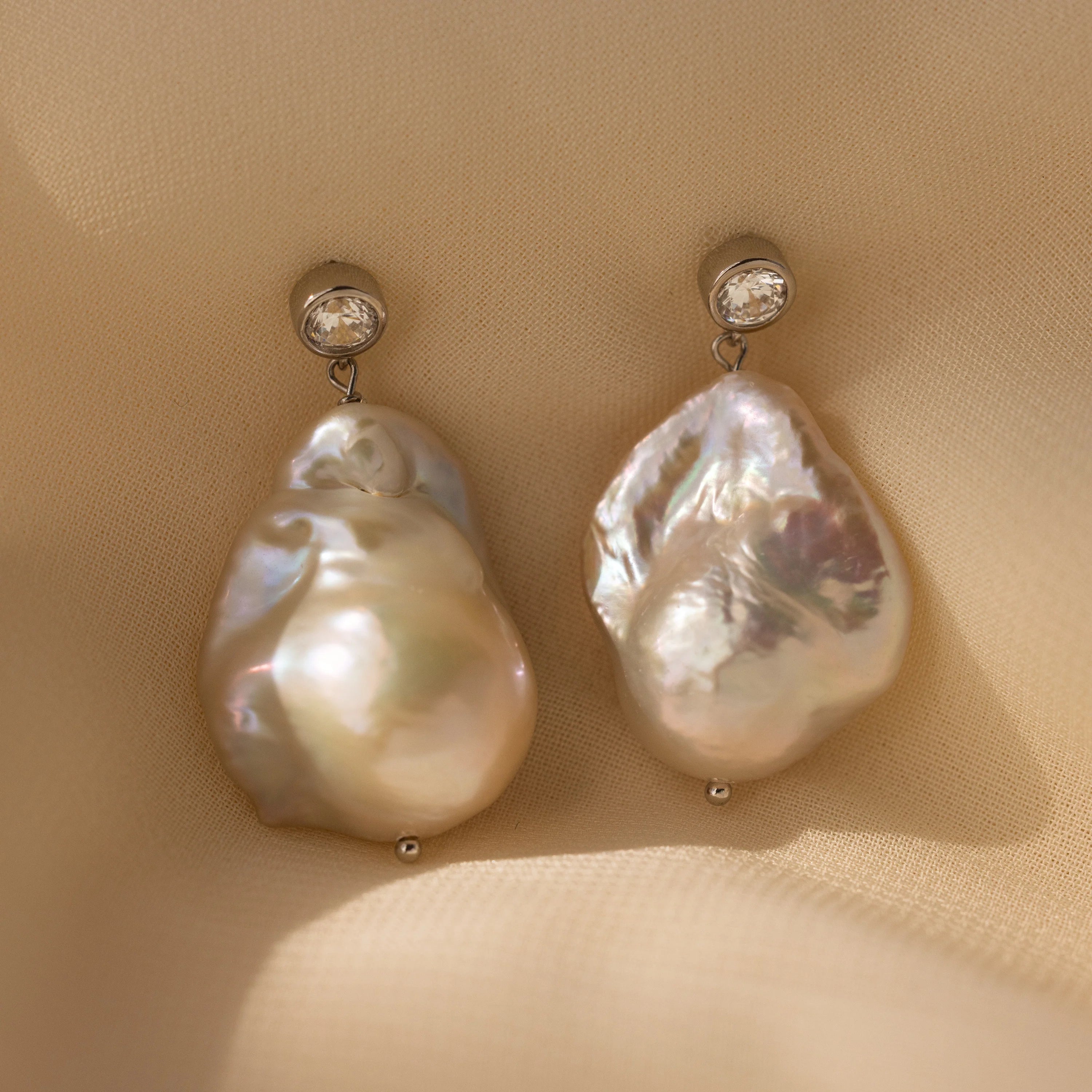 Diamond Baroque Pearl Studs Silver 18K Gold Plated