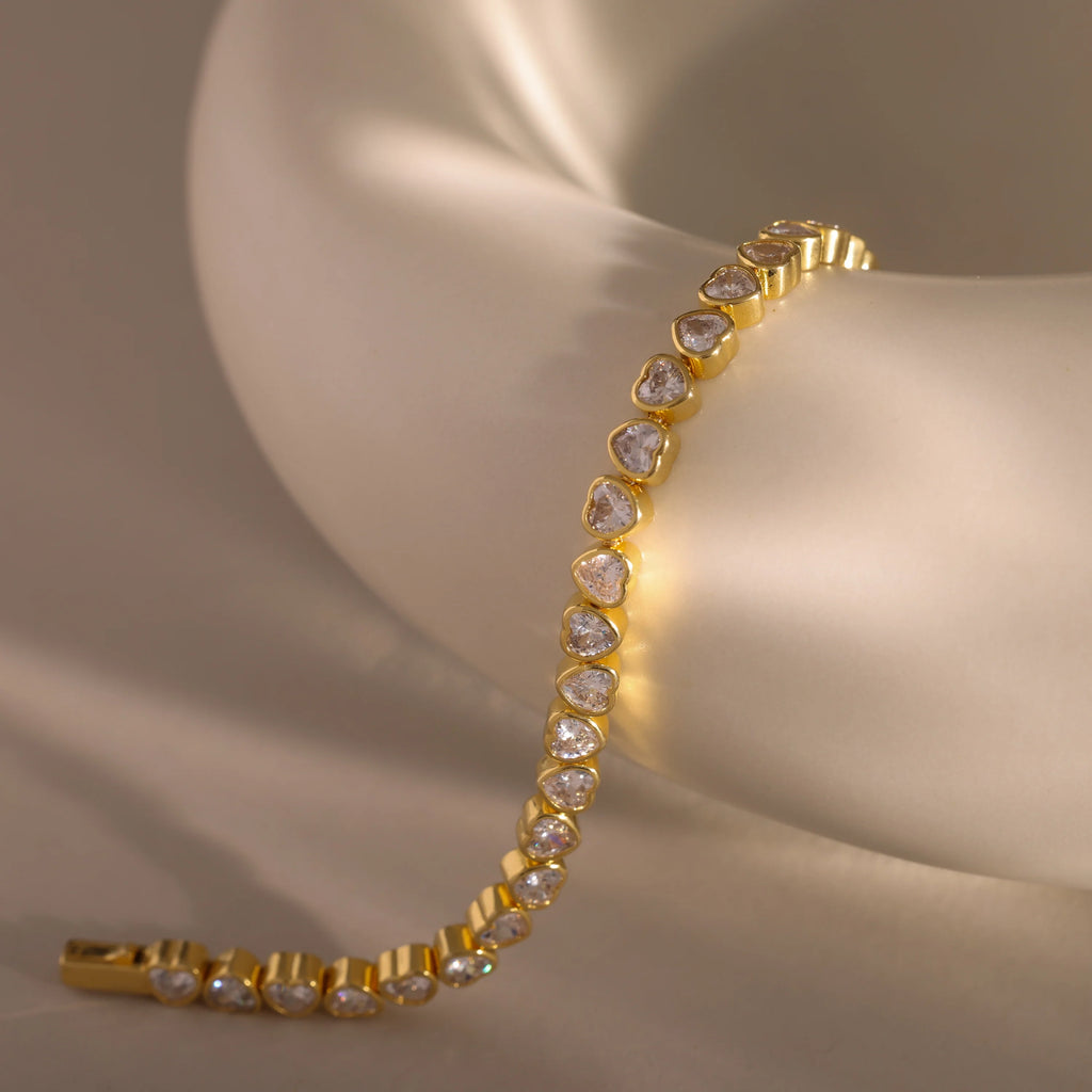 Diamond Heart Tennis Bracelet Silver 18K Gold Plated