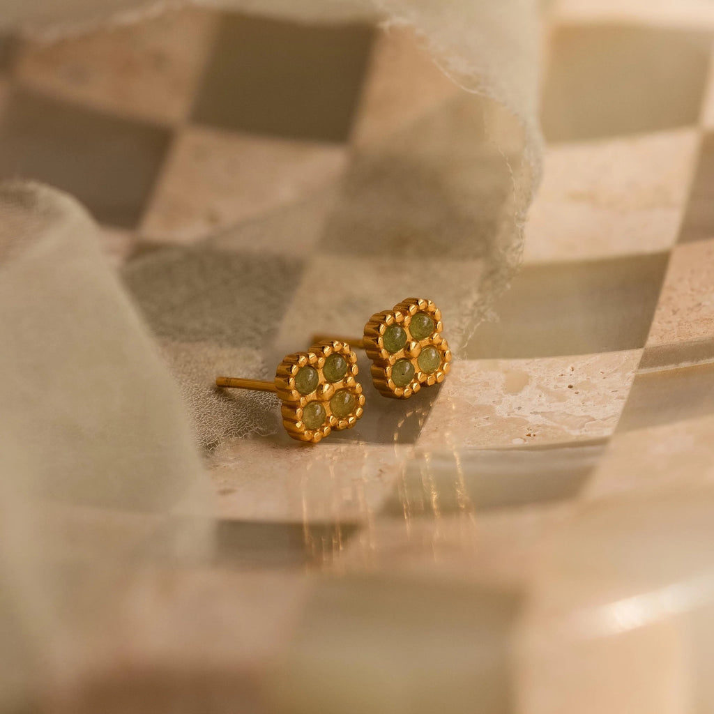 Jade Clover Studs Silver 18K Gold Plated