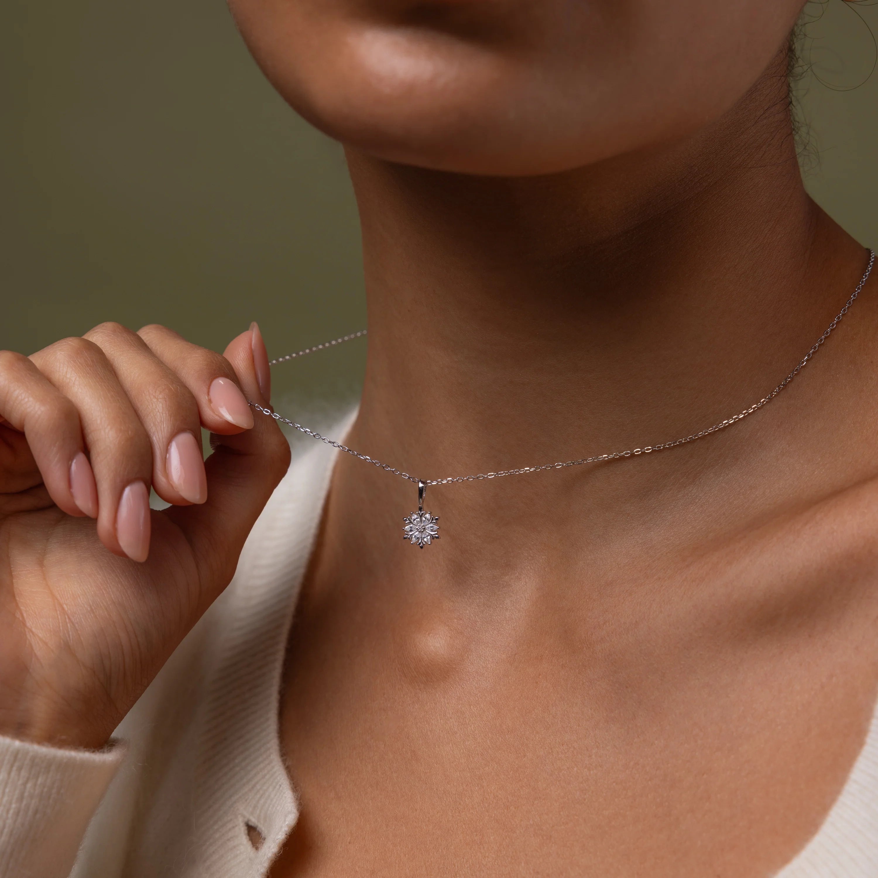Diamond Poinsettia Charm Necklace Silver 18K Gold Plated