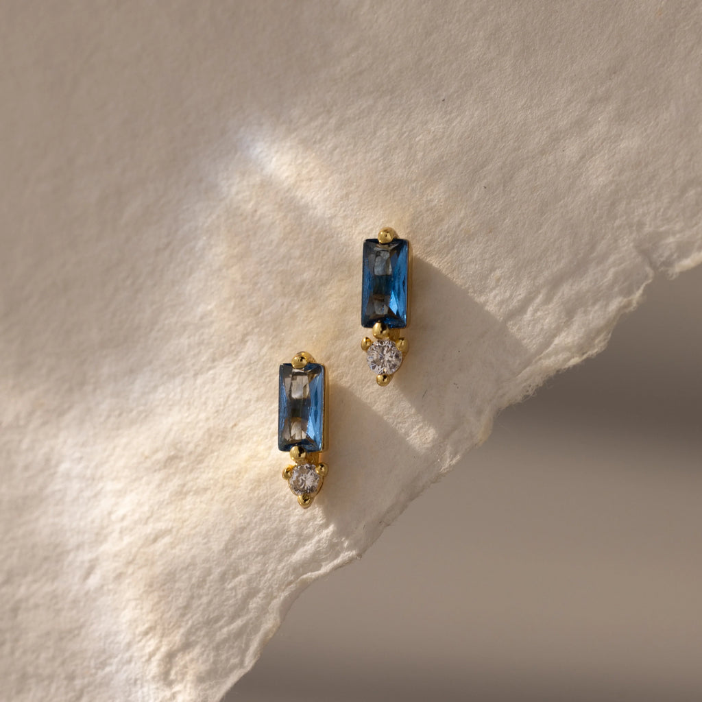Blue Zircon Baguette Cut Drop Studs Silver 18K Gold Plated