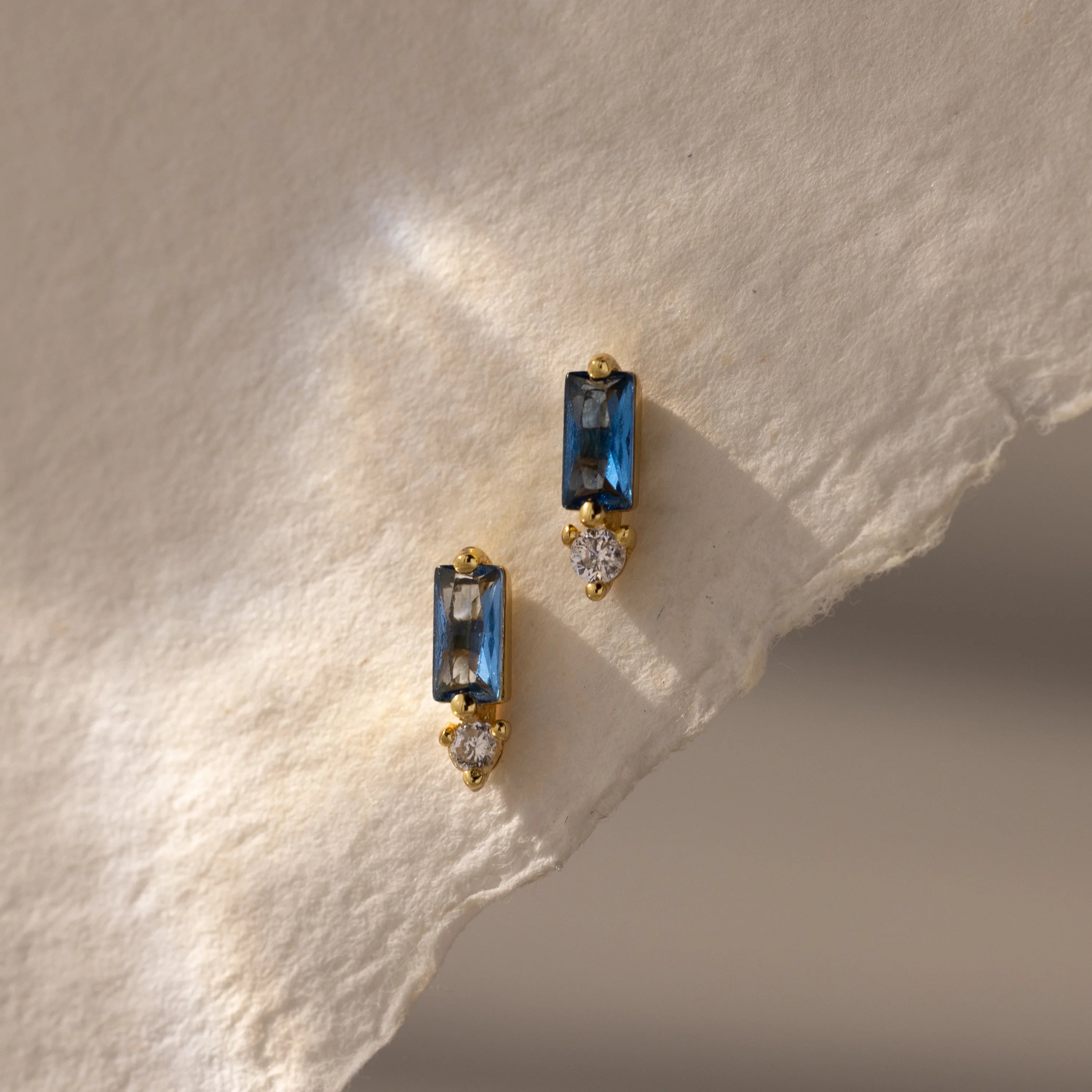 Blue Zircon Baguette Cut Drop Studs Silver 18K Gold Plated