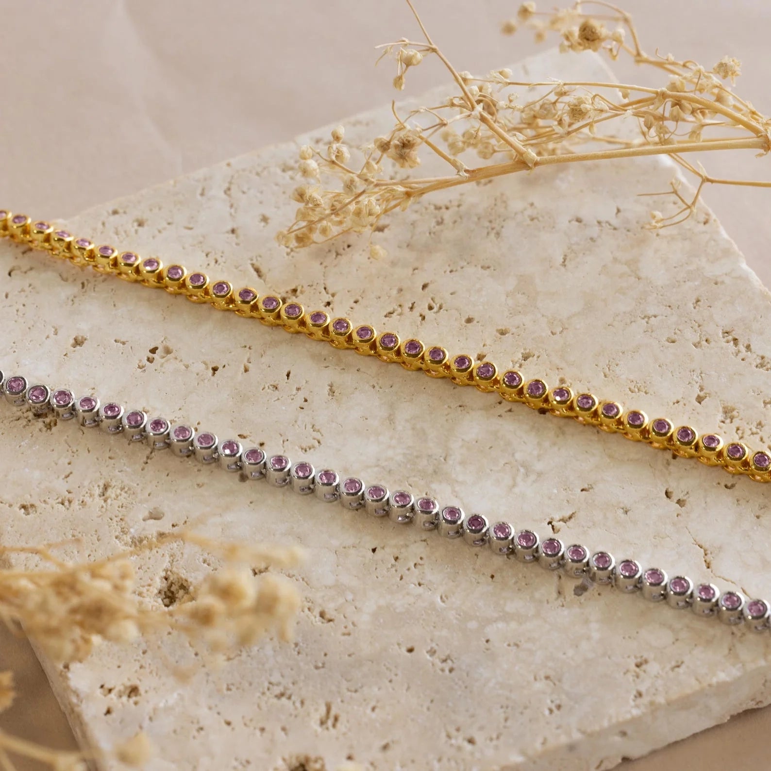 Pink Bezel Tennis Necklace Silver 18K Gold Plated