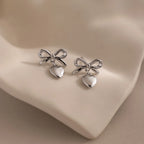 Bow Heart Charm Studs Silver 18K Gold Plated