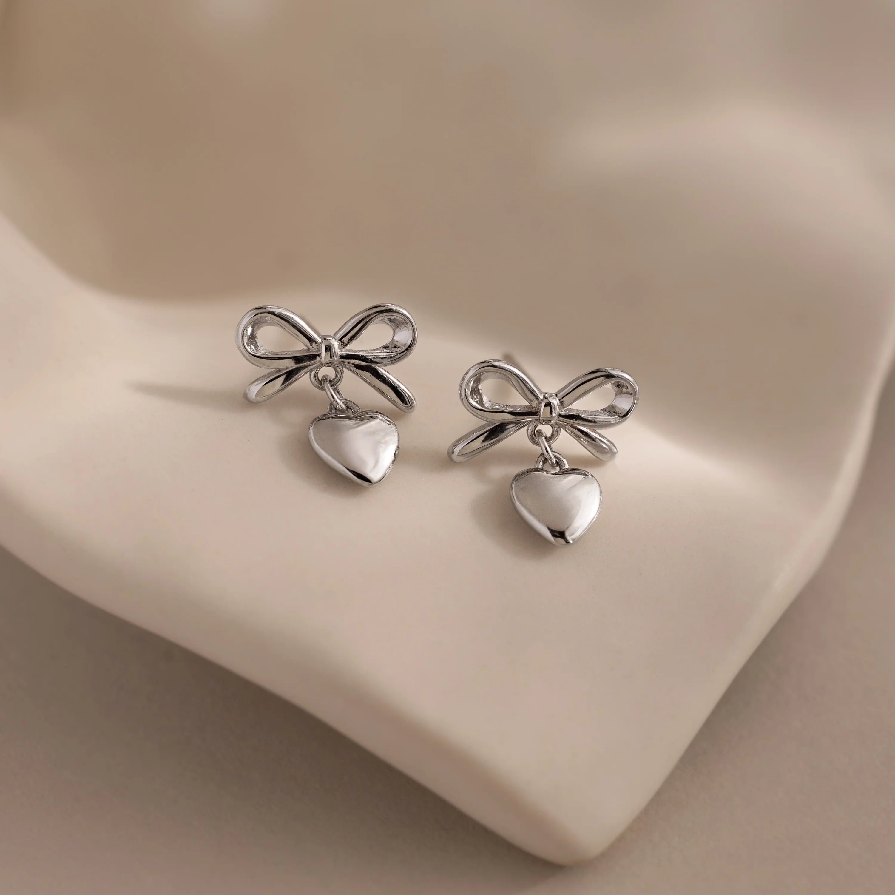 Bow Heart Charm Studs Silver 18K Gold Plated