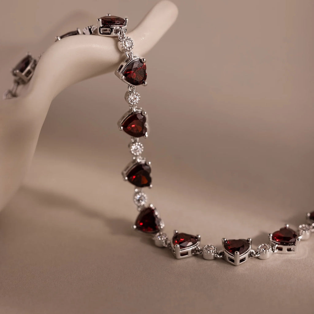 Diamond Garnet Heart Tennis Bracelet Silver 18K Gold Plated