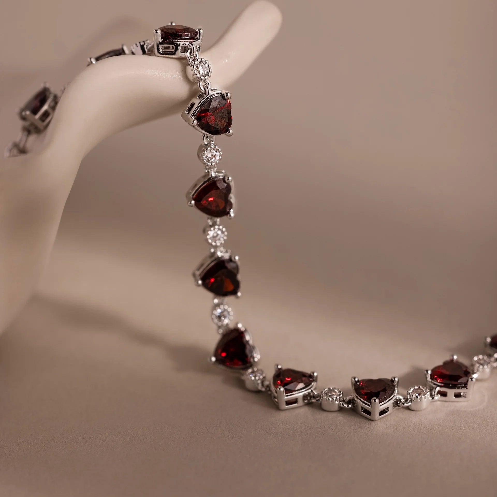 Diamond Garnet Heart Tennis Bracelet Silver 18K Gold Plated