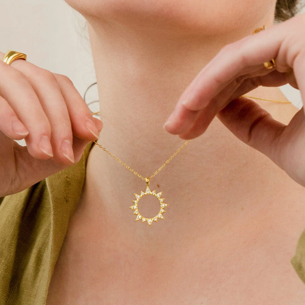 Pave Sun Charm Necklace Silver 18K Gold Plated