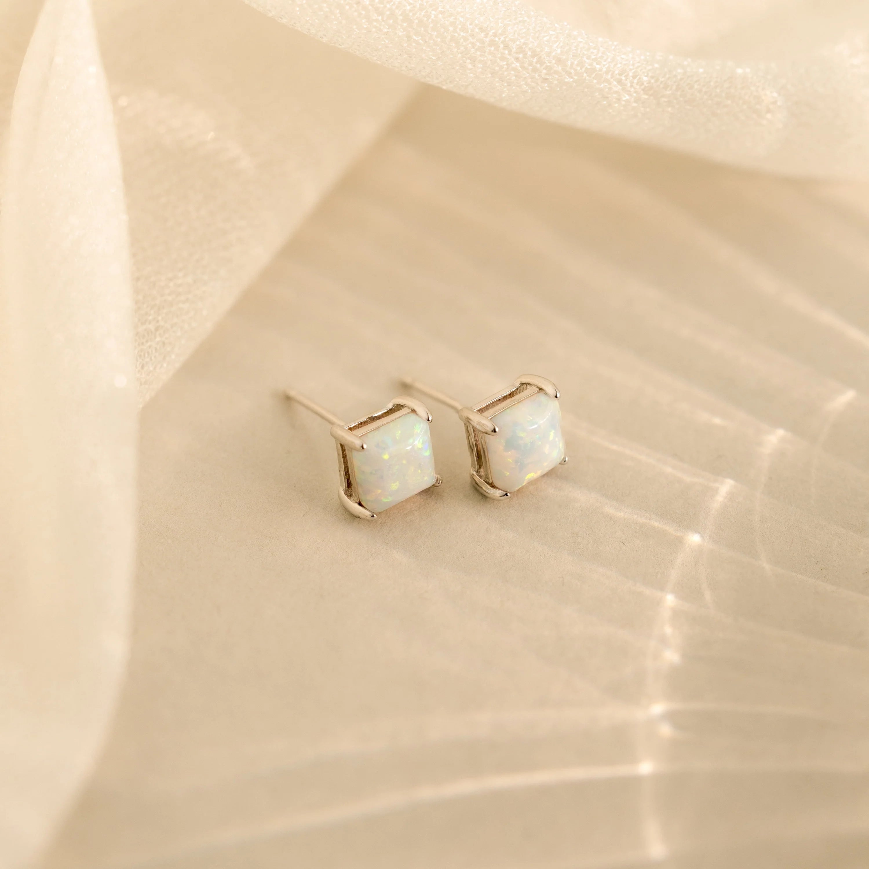 Princess Cut Opal Studs Silver 18K Gold Plated